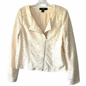 Forever 21 Cream Ivory White Creme Lace Moto-Style zip Jacket